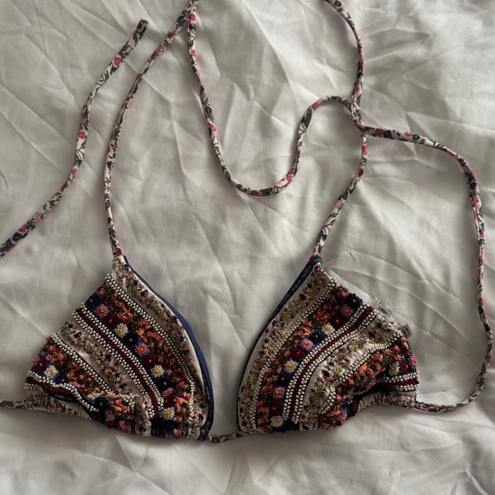 Agua Bendita Floral Embroidered Triangle Bikini Top - Navy & Multicolor